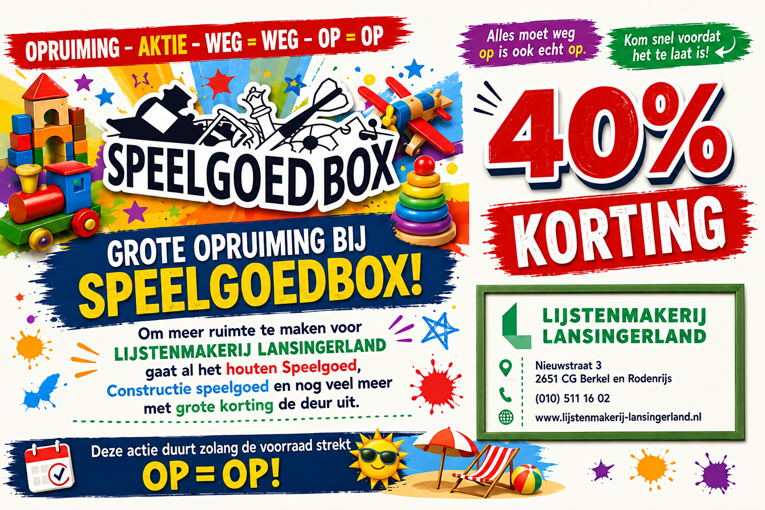 Grote opruiming bij Speelgoedbox in Berkel en Rodenrijs: tot 40% korting op houten speelgoed, actie tot 5 september 2026